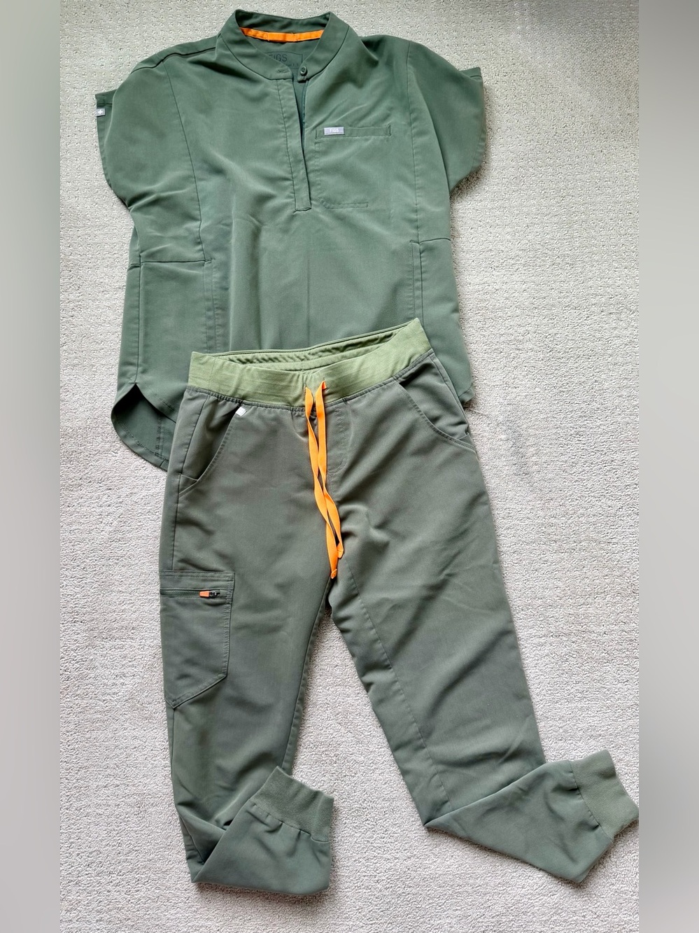 Figs Olive Green Scrub Top with Orange Trim